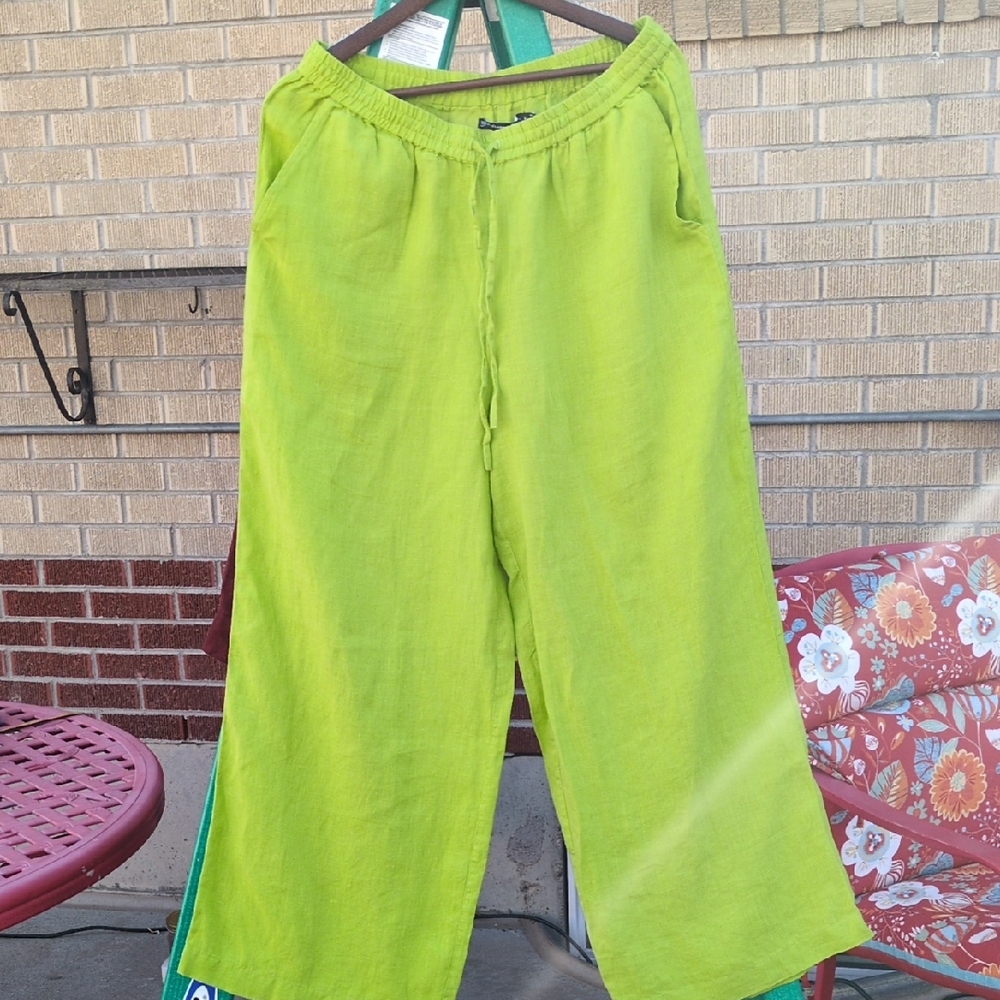 Kiwi Green Wide-Leg Pants 100% Linen
